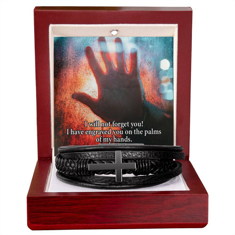 I Will Not Forget You Isaiah 49:16 Men's Stainless Steel & Vegan Leather Cross